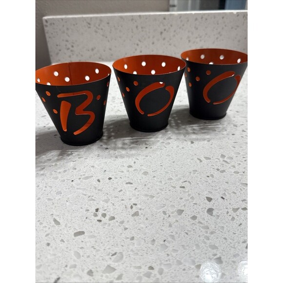 Hallmark Halloween BOO Metal Cutout Candle Holders Tealight Votive Black Orange - Picture 2 of 6